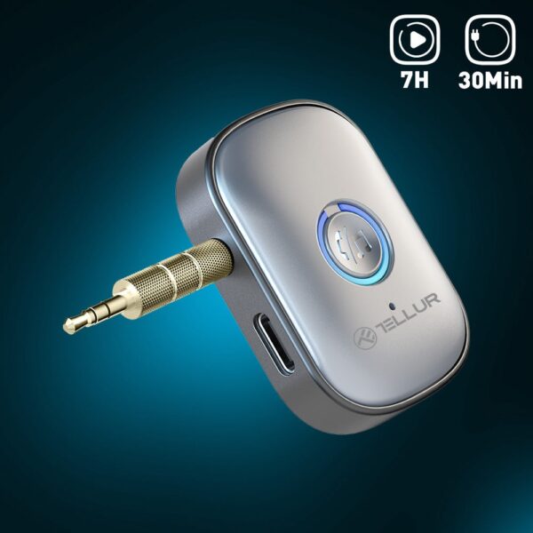 Adaptor Bluetooth 5.3 Tellur, receiver audio cu port AUX 3.5 mm, gri