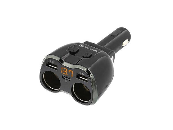 Adaptor splitter Tellur 2 prize brichetă auto, 2 x USB, Type-C, negru