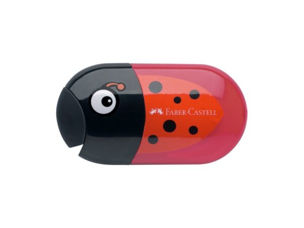 Ascuțitoare plastic dublă cu container și radieră buburuză Faber-Castell