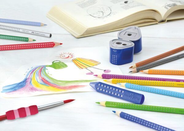 Ascuțitoare plastic triplă cu container grip 2001 roșie/albastră Faber-Castell