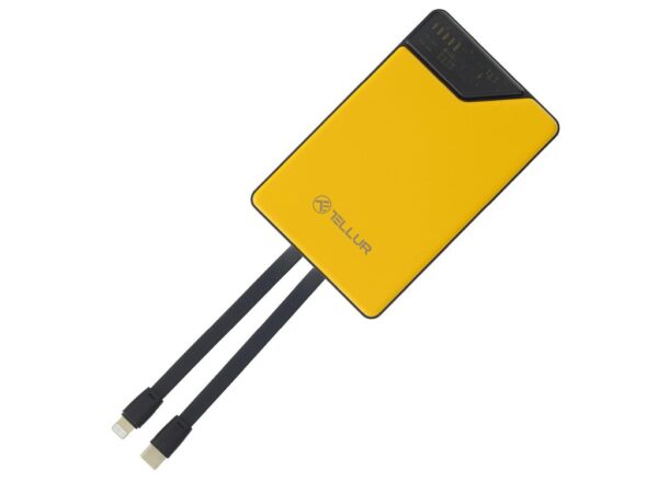 Baterie externă Tellur 10000mAh, USB-C + Lightning cabluri incorporate, QC3.0, PD, galben