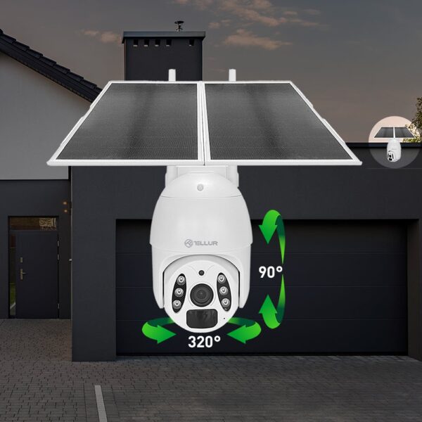 Cameră solară WiFi Tellur Smart, P&T, 3MP, 2K UltraHD, PIR, panou solar 20W, Alb