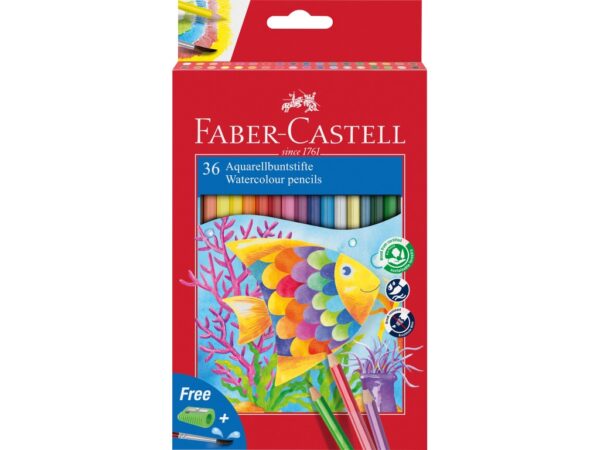 Creioane colorate hexagonale acuarelă + pensulă Faber-Castell 36 culori/set