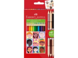 Creioane colorate triunghiulare și bicolore piele Children of the World Faber-Castell 12 + 3 culori/set