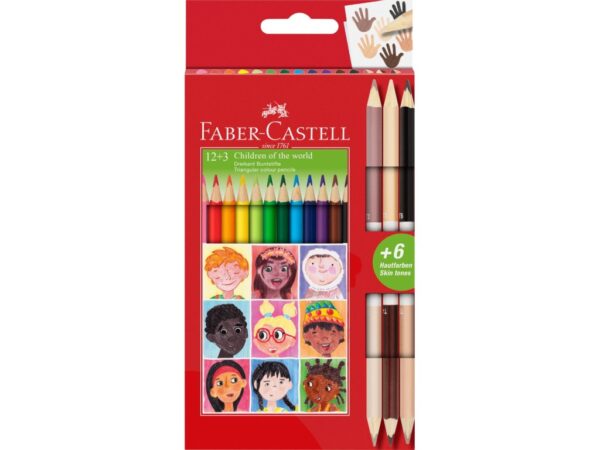 Creioane colorate triunghiulare și bicolore piele Children of the World Faber-Castell 12 + 3 culori/set