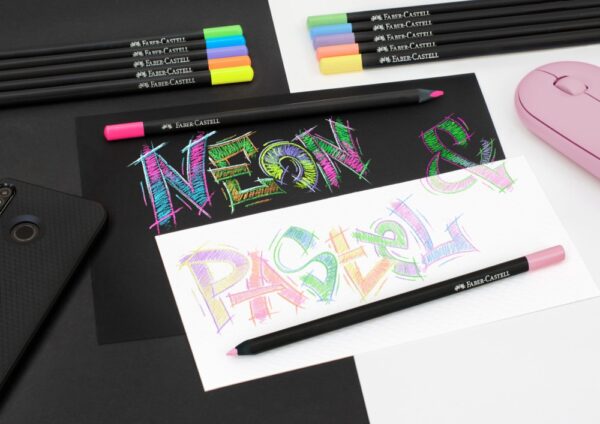 Creioane colorate triunghiulare black edition pastel + neon Faber-Castell 12 culori/set