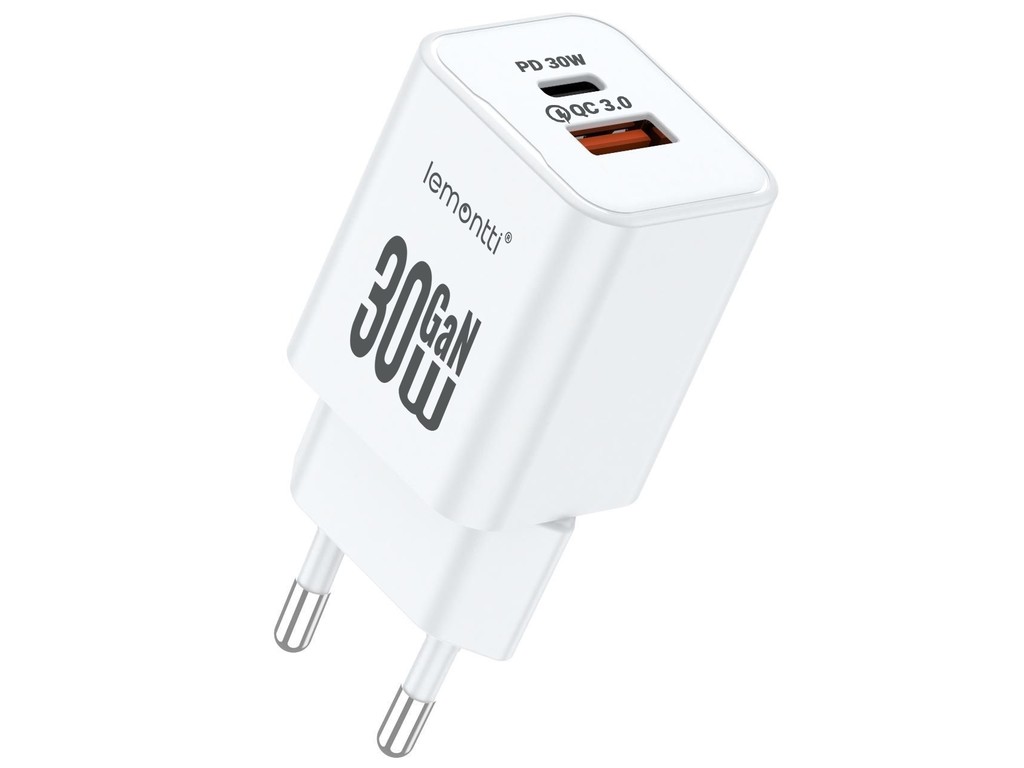 lemontti-incarcator-retea-gan-dual-port-1x-type-c-si-1x-usb-a-30w-eu-plug-alb Lemontti Incarcator Retea GaN Dual Port 1x Type-C si 1x USB-A, 30W, EU Plug, Alb - imagine 1