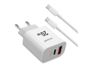 Lemontti Set Incarcator Retea Fast Charge 20W 1 x PD Type-C + 1 x USB-A Quick Charge 3.0 si cablu Type-C-Type-C 20W 1m Alb