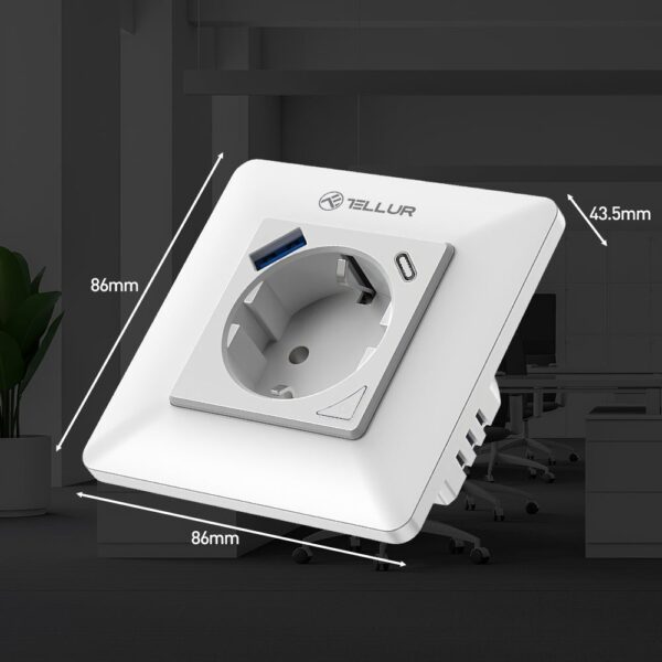 Priză de perete WiFi Tellur Smart, 3600W, 16A, PD20W, USB 18W, monitorizare consum, alb