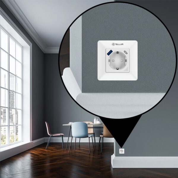Priză de perete WiFi Tellur Smart, 3600W, 16A, PD20W, USB 18W, monitorizare consum, alb