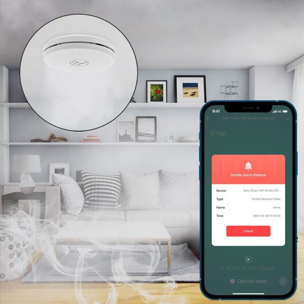 Senzor de fum și CO WiFi Tellur Smart, AA, alb