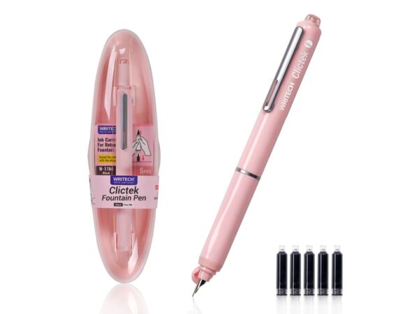 Stilou reatractabil Writech corp roz + 5 patroane cu cerneală albastru