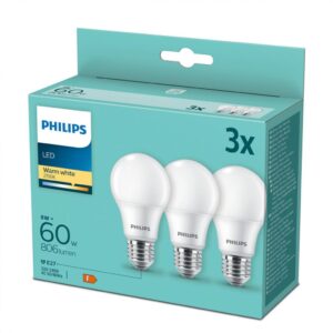 Pachet 3 becuri LED Philips, A60, E27, 8W (60W), 806 lm - 000008718699775490