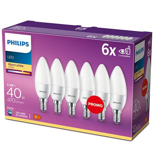 6 Becuri LED Philips B35, EyeComfort, E14, 5.5W (40W), 470 lm - 000008718696509487