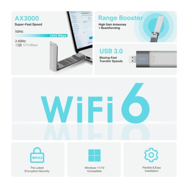 AX3000 High Gain Dual Band Wi-Fi 6 USB Adapter - ARCHER TX50UH