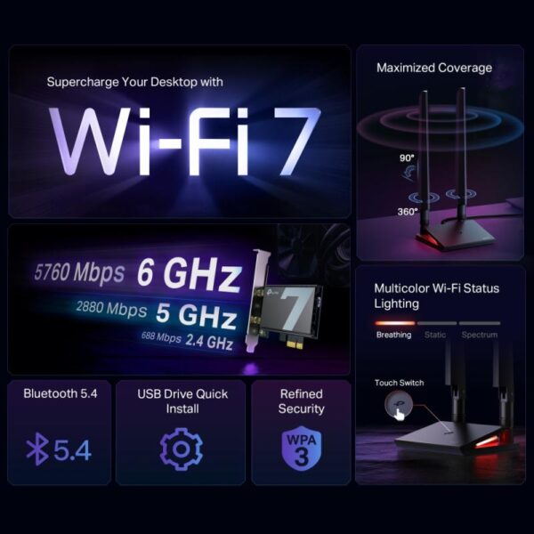 BE9300 Tri-Band Wi-Fi 7 Bluetooth PCI Express Adapter SPEED - ARCHER TBE550E