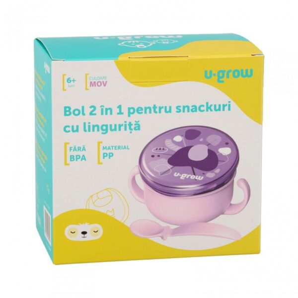 Bol 2 in 1 pentru snackuri cu lingurita, mov, U-Grow - A-2504PP