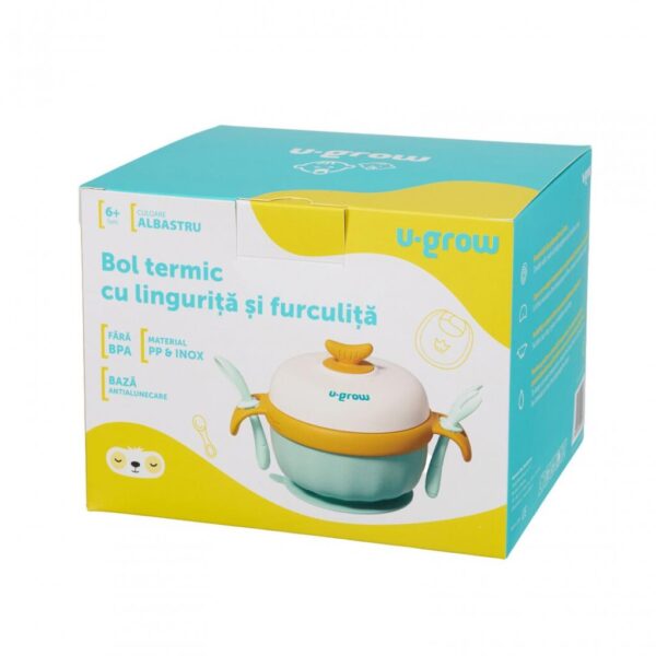 Bol termic, lingurita si furculita, baza antialunecare, blue, U-Grow - UG-235BL
