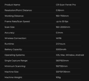 CREALITY 3D SCANNER CR-SCAN FERRET PRO, Rezolutie 3D: 0.16mm