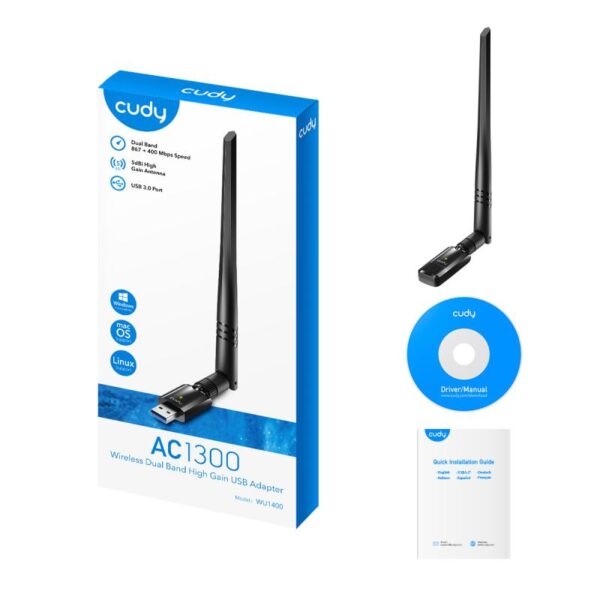 CUDY 1300Mbps High Gain Wi-Fi USB 3.0 Adapter, 802.11ac/a/b/g/n - WU1400