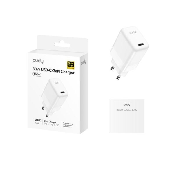 CUDY 30W USB-C Charger, GaN, 1 USB-C port, QC+PD 3.0, EU plug - CH30_EU