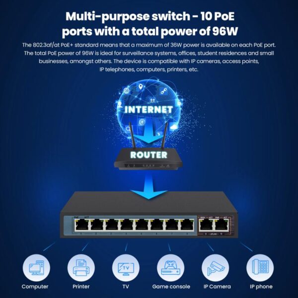 Extralink CERES PoE Switch 8x 100Mb/s PoE/PoE+ 2x RJ45 - EX.3906