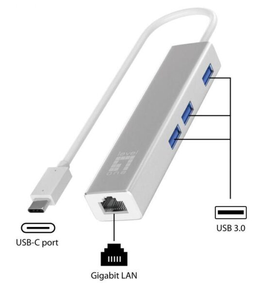 LevelOne USB-0504 Gigabit USB-C Network Adapter with USB Hub