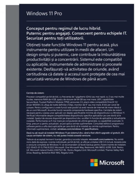 Licenta retail Microsoft Windows 11 Pro 32-bit/64-bit Romanian USB - HAV-00197