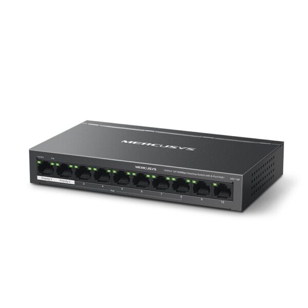 MERCUSYS DESKTOP SWITCH 10PORT MS110P POE, Interfata: 10× 10/100 Mbps