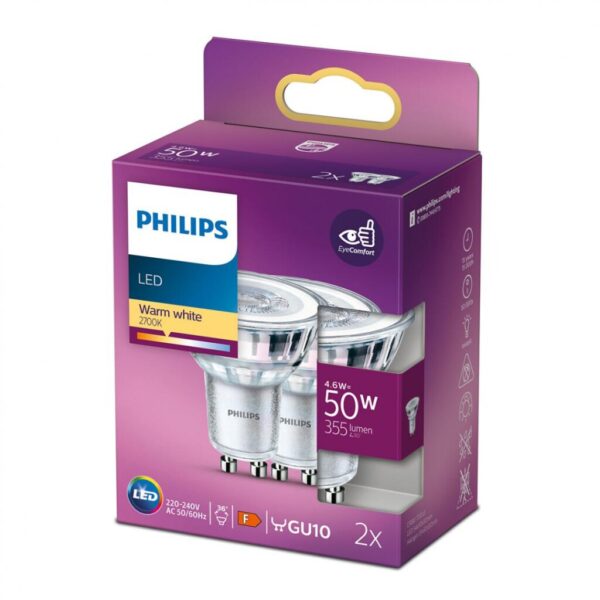 Pachet 2 becuri LED spot Philips Classic, GU10, 4.6W (50W) - 000008718699774271