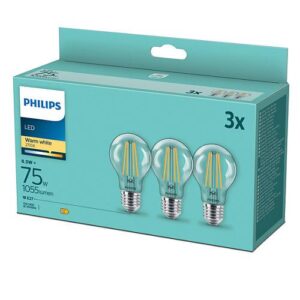 Pachet 3 becuri LED filament Philips, A60, E27, 8.5W (75W) - 000008718699696955