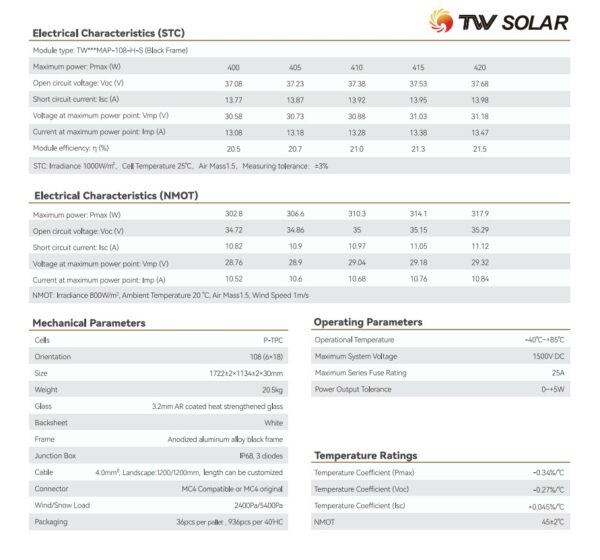 Panou Solar Fotovoltaic Monocristalin TONGWEI Solar 410W - TW410MAP-108-H-S