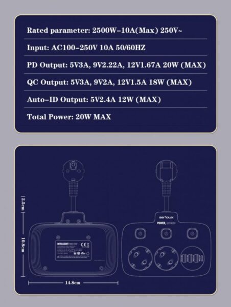 Prelungitor tip priza cu protectie Serioux Quick Charge 3.0 - SRXP-PS24W