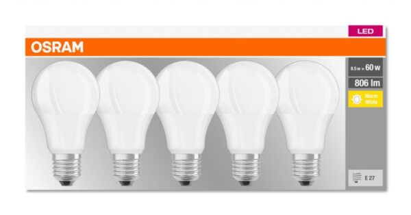 Set 5 becuri Led Osram, E27, 9W, 806 lumeni, lumina calda (2700K) - 000004058075090484