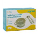 Set bol cu lingurita si furculita silicon, olive, U-Grow - UG-SET11OV