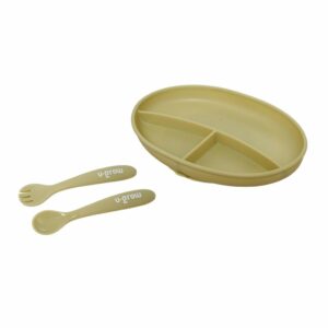 Set farfurie cu lingurita si furculita silicon, olive, U-Grow - UG-SET9OV