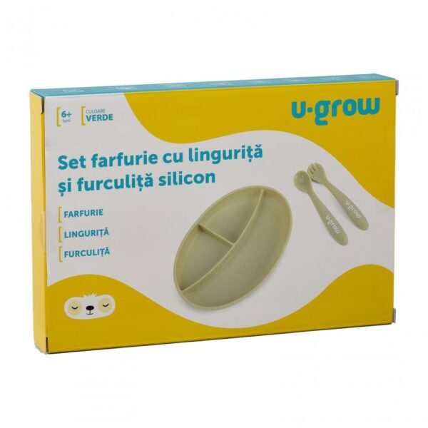 Set farfurie cu lingurita si furculita silicon, olive, U-Grow - UG-SET9OV