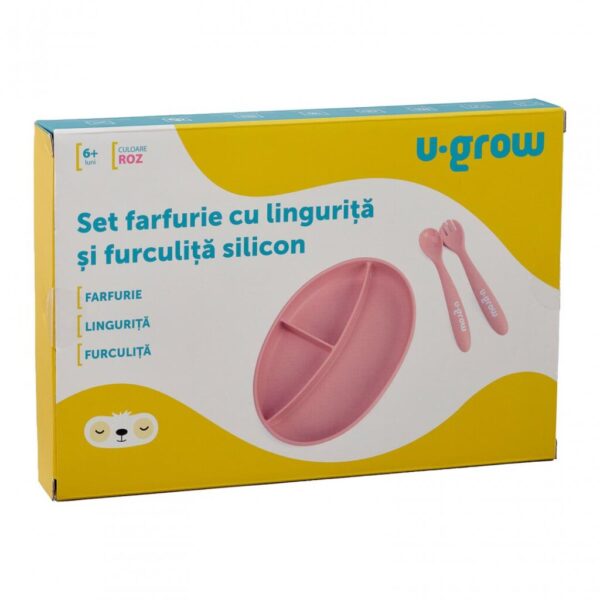 Set farfurie cu lingurita si furculita silicon, roz, U-Grow - UG-SET9PK