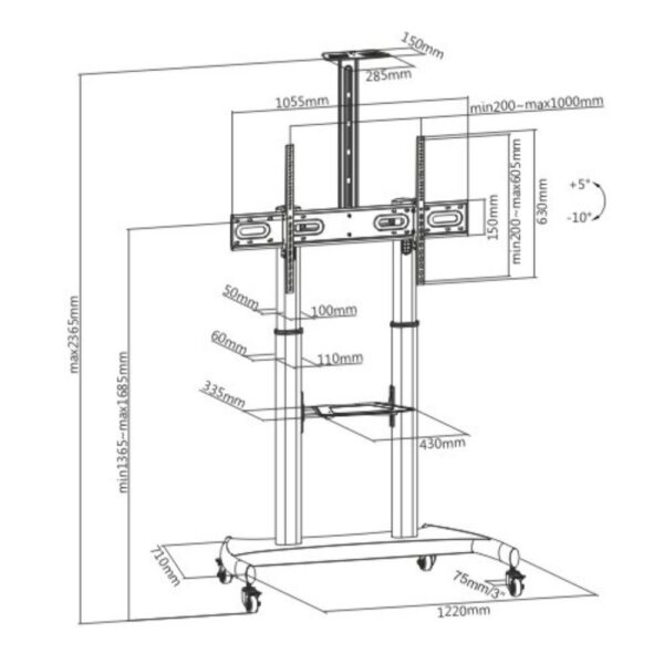 Stand TV mobil Serioux TV610TW 60"-100", dimensiuni: 1220x710x2045~ 2365mm - SRXA-TV610TW