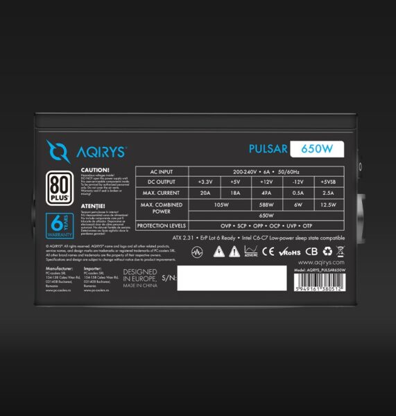 Sursa Aqirys Pulsar 650W 80+ White certified, culoare neagra - AQRYS_PULSAR650W