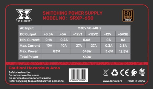 Sursa Serioux Energy 650W, Ventilator 12cm, ATX, material metal - SRXP-650