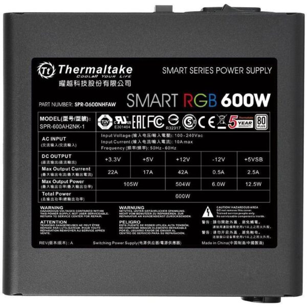 Sursa Thermaltake Smart RGB 600W iluminare RGB, certificata 80 PLUS - SPR-0600N