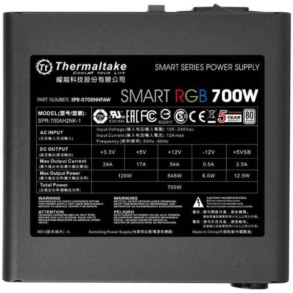 Sursa Thermaltake Smart RGB 700W iluminare RGB, certificata 80 PLUS - SPR-0700N