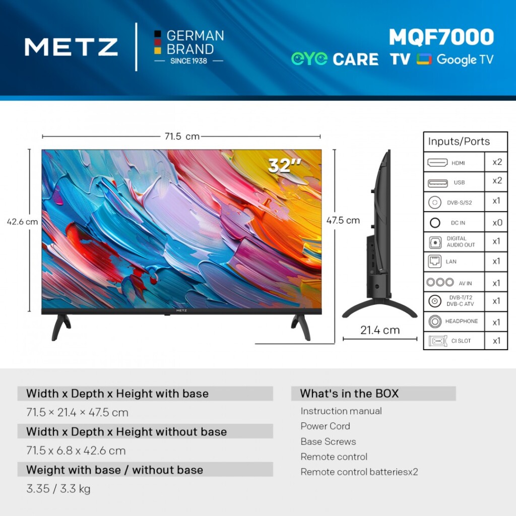 Televizor METZ QLED 32MQF7000Z, 80 cm, Smart Google TV, HD Televizor METZ QLED 32MQF7000Z, 80 cm, Smart Google TV, HD